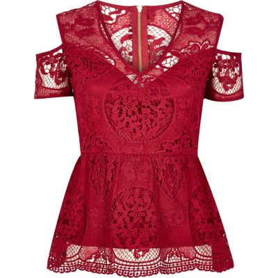 Red lace peplum top